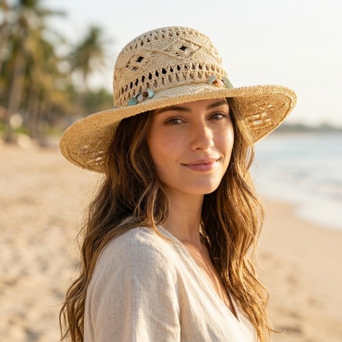 Wide Brim Crochet Toyo Straw Accent w/ Beaded Band - Natural - HT-8202NT